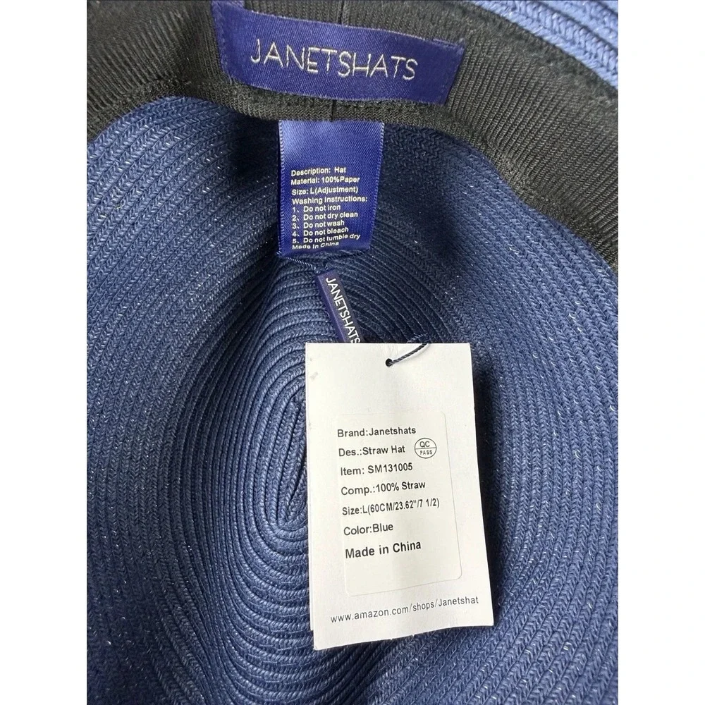 Janetshats Blue Straw Fedora Hat w/ Black Band, Size L, Women's Casual Travel